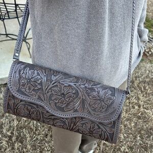 Elegant Gray Floral Embossed Leather Bag